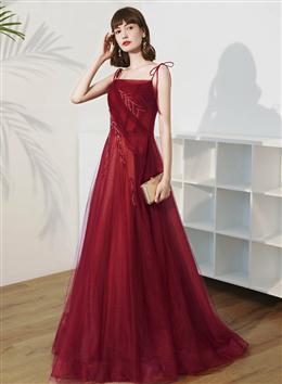 Picture of Wine Red Color Scoop Beaded A-line Long Junior Formal Dresses, Wine Red Color Lace-up Party Dresses